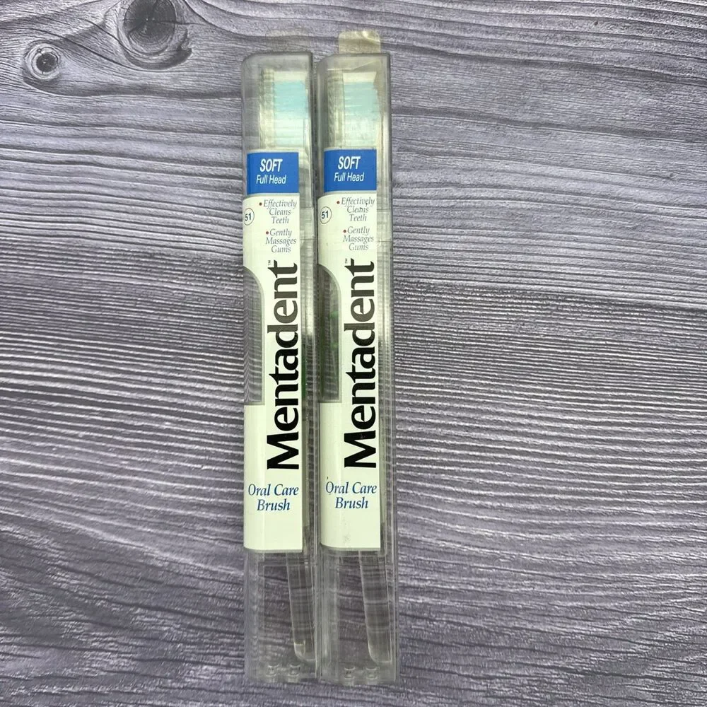2 LOT Mentadent 51 Toothbrush Soft Full Head Flared Side Bristles GREEN Handle